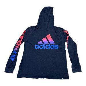 Adidas Youth XL Hoodie Black With Blue Pink Logo Graphic Long Sleeve Cotton READ